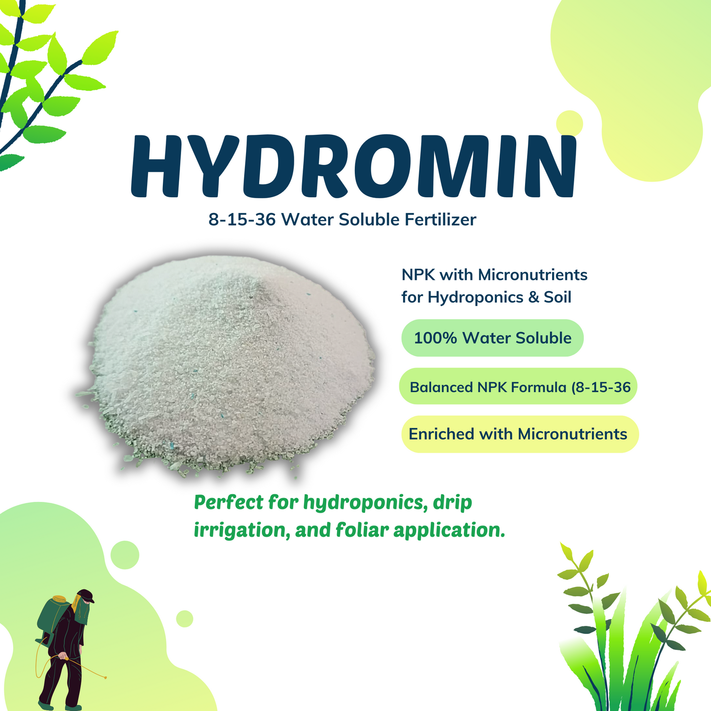 Hydromin 8-15-36 Water Soluble Fertilizer | NPK with Micronutrients for Hydroponics & Soil | For Fruit & Leafy Vegetables