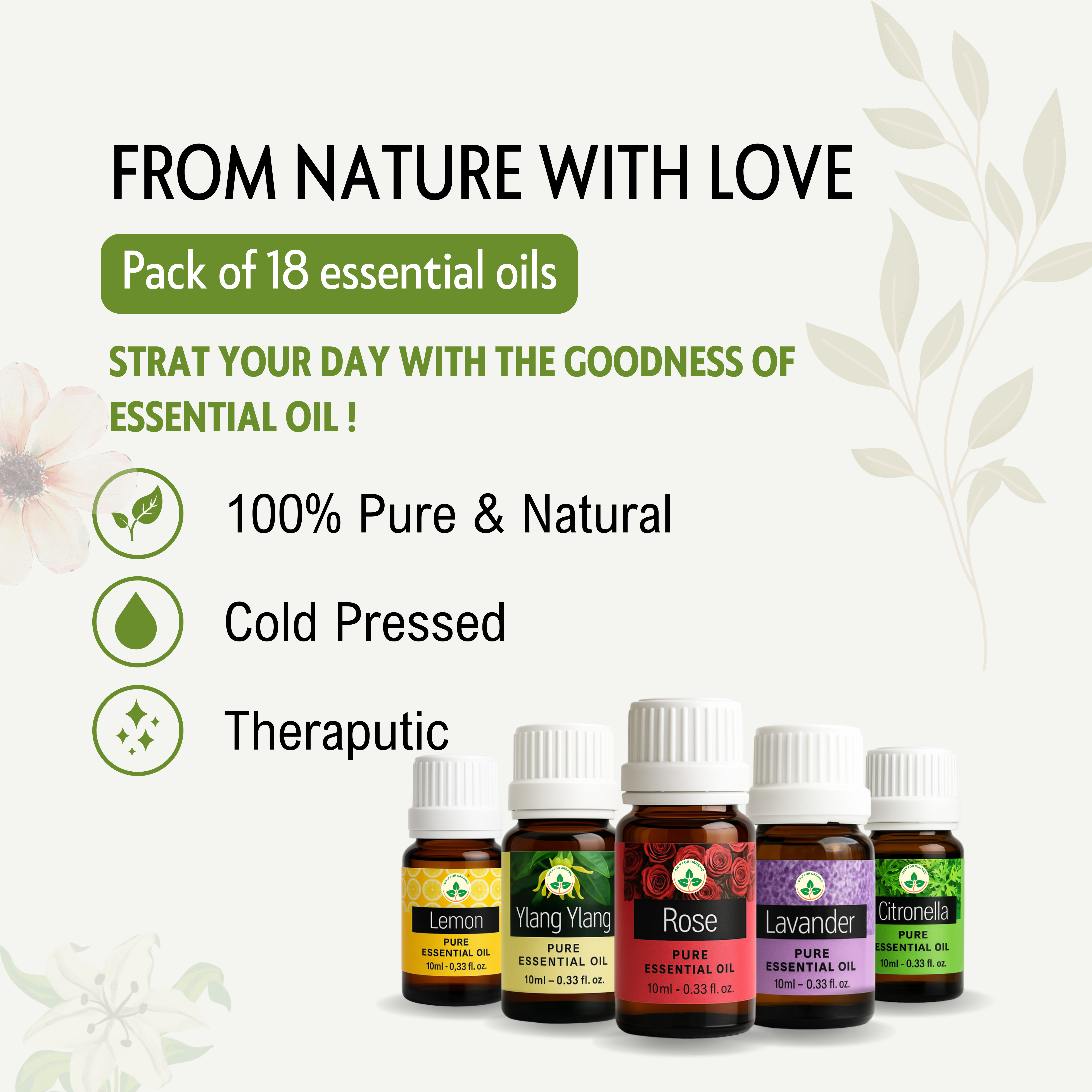 Essential Oils Combo pack of 18, (Each 10ml) | Premium Aromatherapy Kit | Steam Distilled | For Diffuser, Hair, Skin, Massage, Home Fragrance