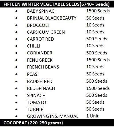 Fifteen Winter Vegetable Seeds (6700+ Seeds) With Cocopeat Block And Instruction Manual