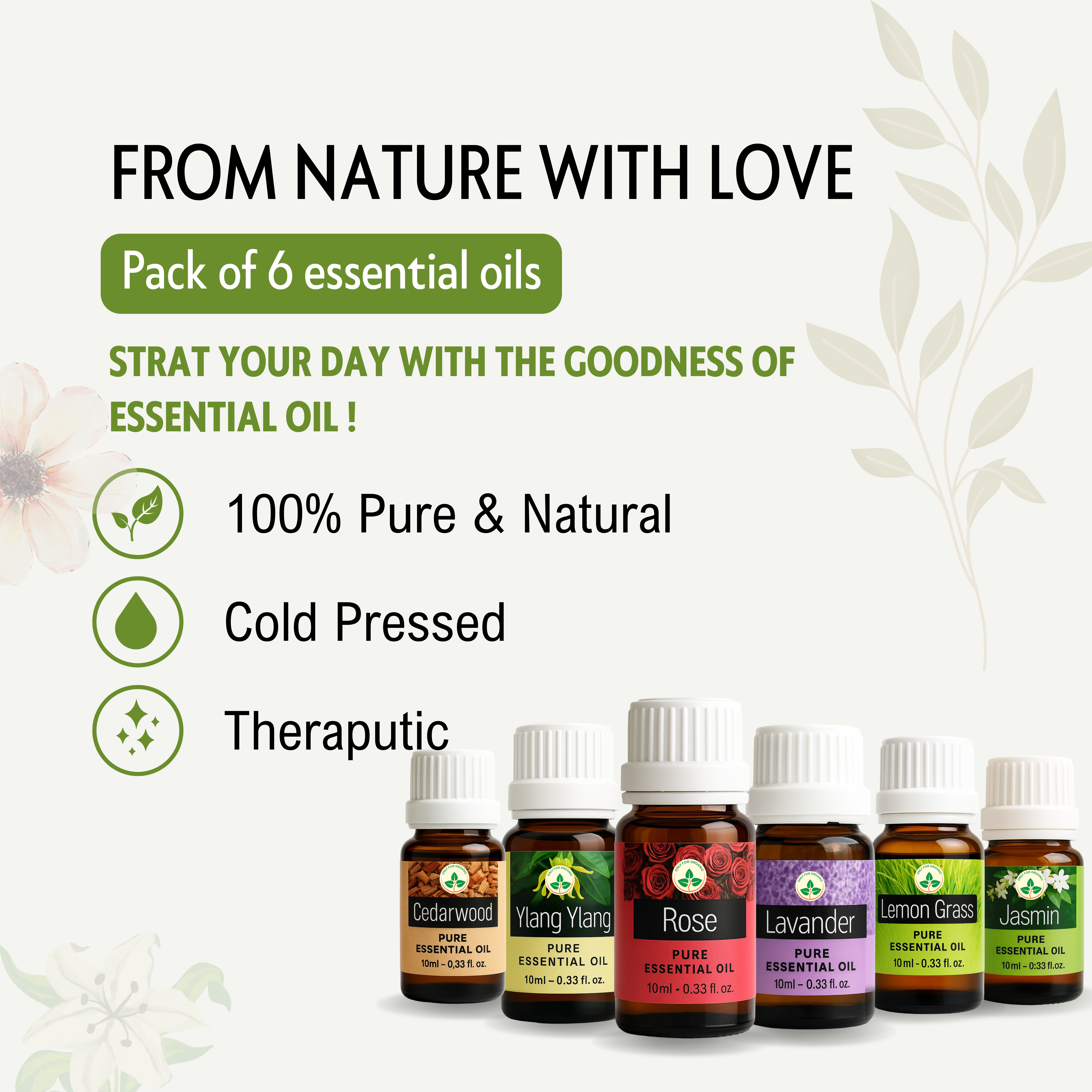 Essential Oils Combo Pack of 6 , Each 10ml - Sandalwood, Ylang Ylang, Rose, Jasmine, Lavender, Lemon Grass