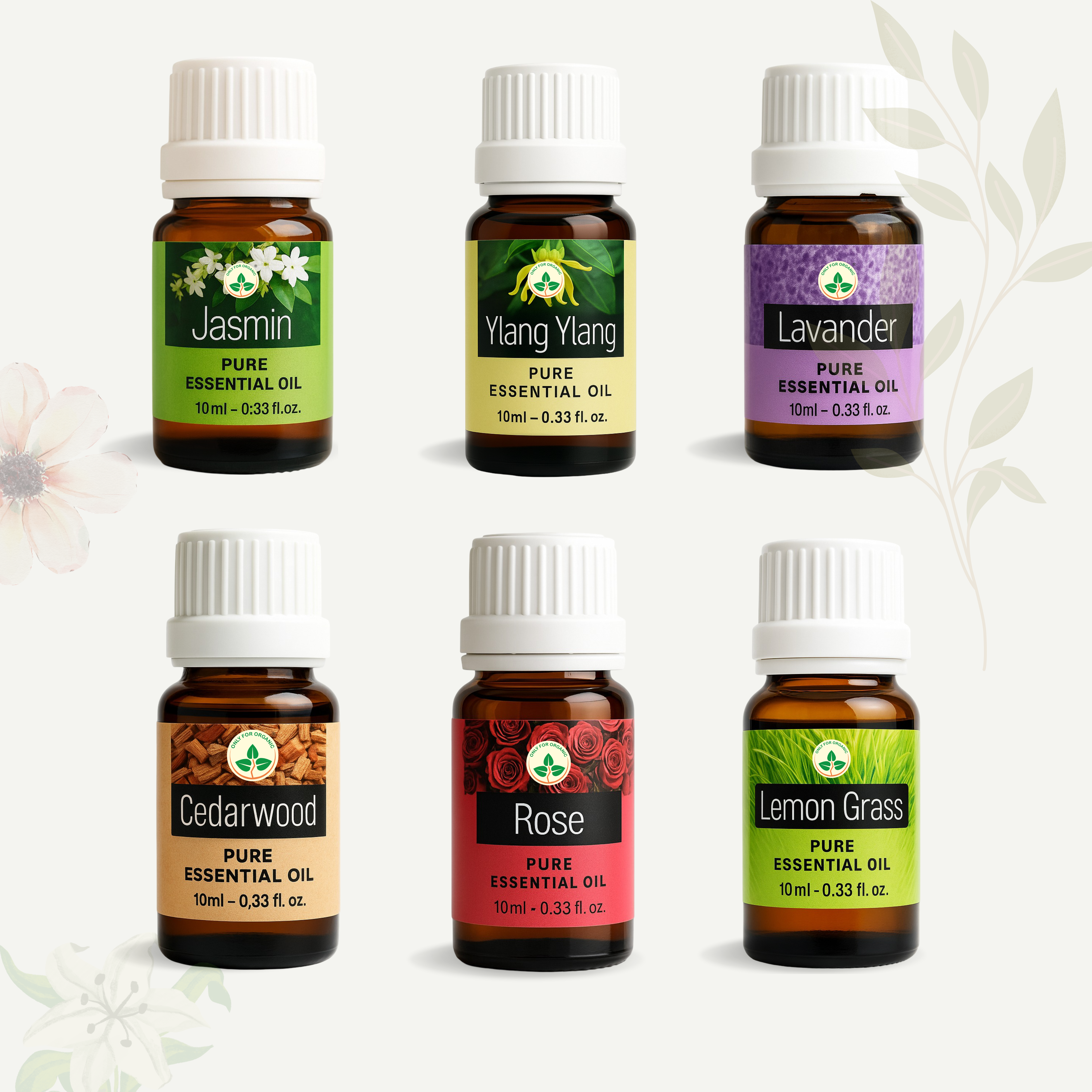 Essential Oils Combo Pack of 6 , Each 10ml - Sandalwood, Ylang Ylang, Rose, Jasmine, Lavender, Lemon Grass